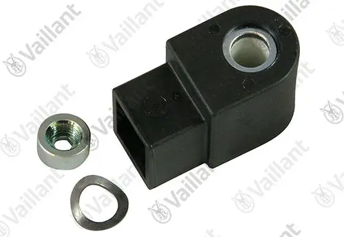 Vaillant Magnetspule in schwarzer Kunststoffausführung mit einer konischen Metallmutter und Unterlegscheibe.